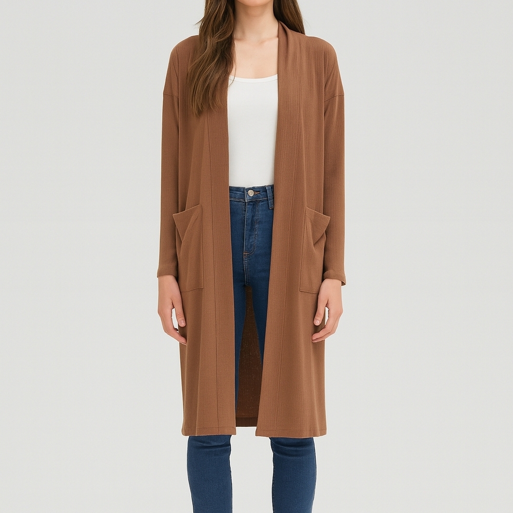 Dance & Marvel/Long OpenFront Duster Cardigan with Pockets – Mocha Mousse/Size S